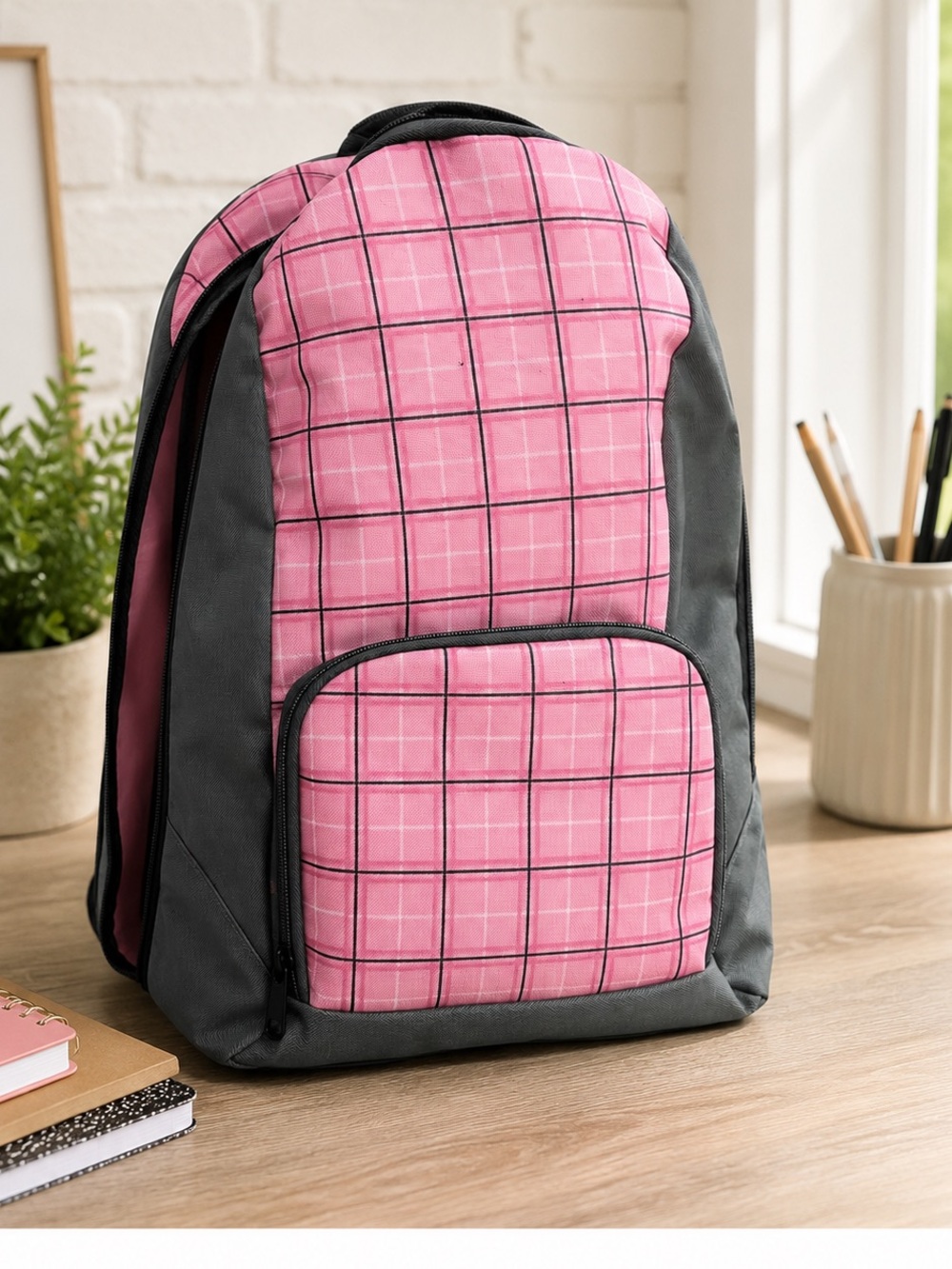 Pink Plaid School Backpack Gray Trim Travel Book Bag One Size